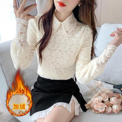 ROUMIKL娃娃领加绒打底衬衫秋冬新款2025长袖蕾丝衫女洋气上衣