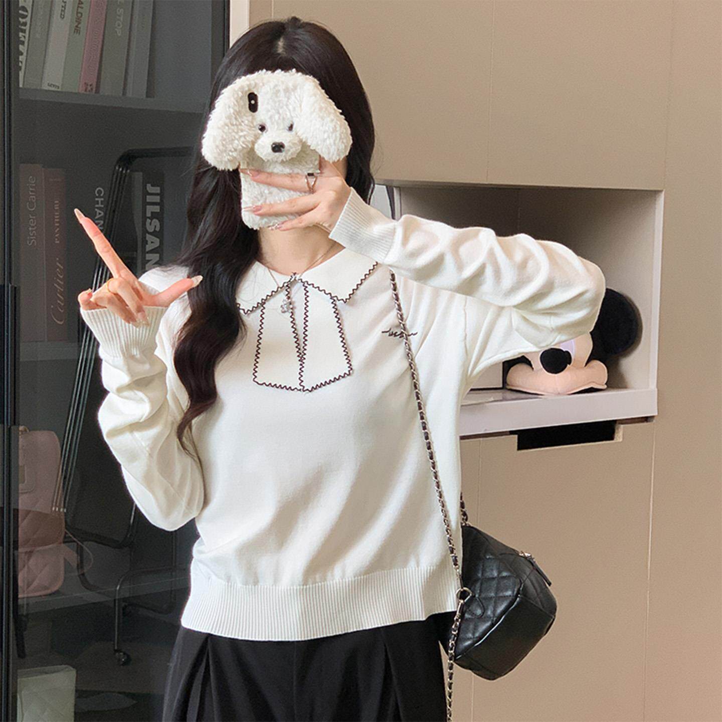 ROUMIKL设计感翻领减龄长袖针织打底衫女秋冬2025新款洋气领带毛