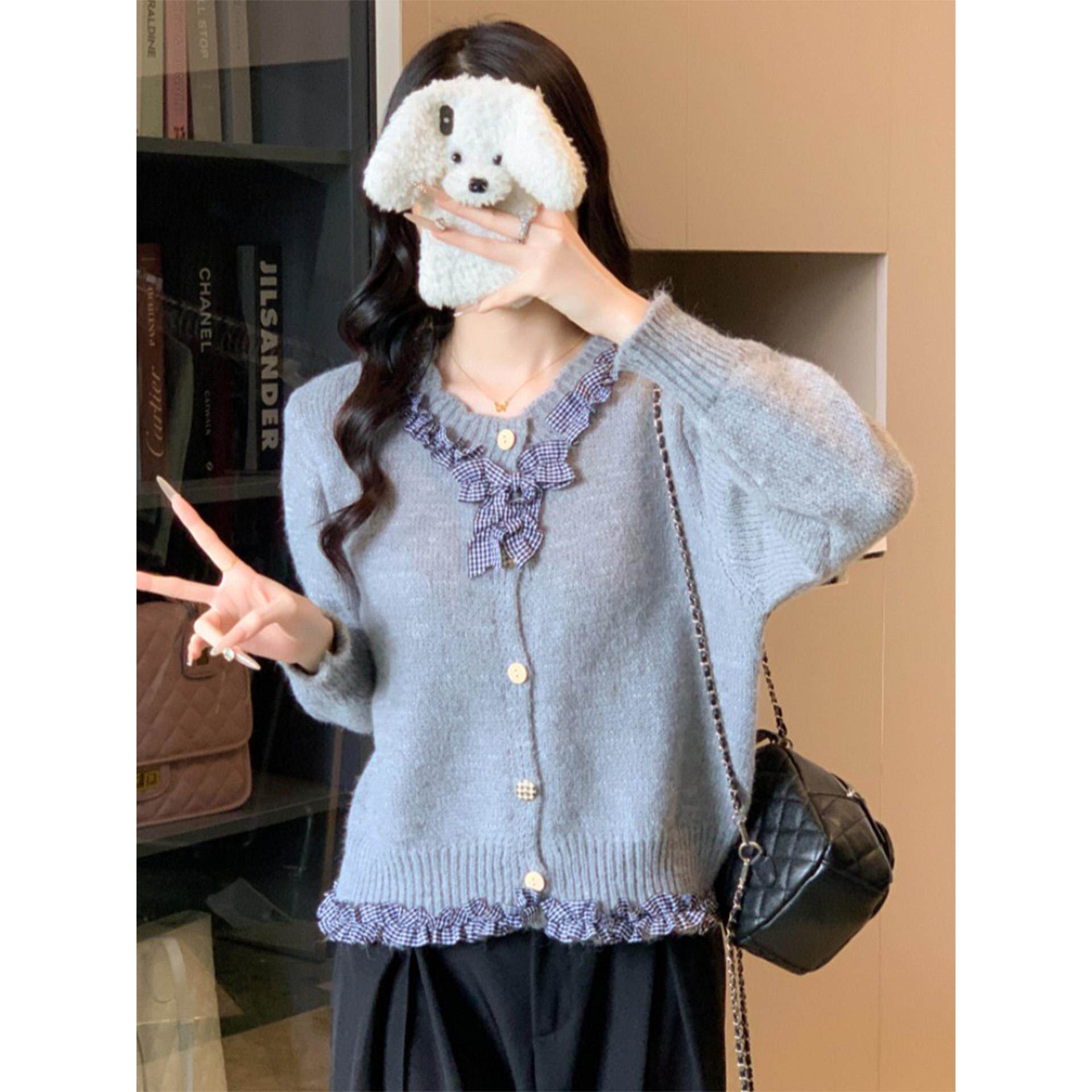 ROUMIKL法式荷叶边格子蝴蝶结女士毛衣秋冬2025新款高级感针织衫
