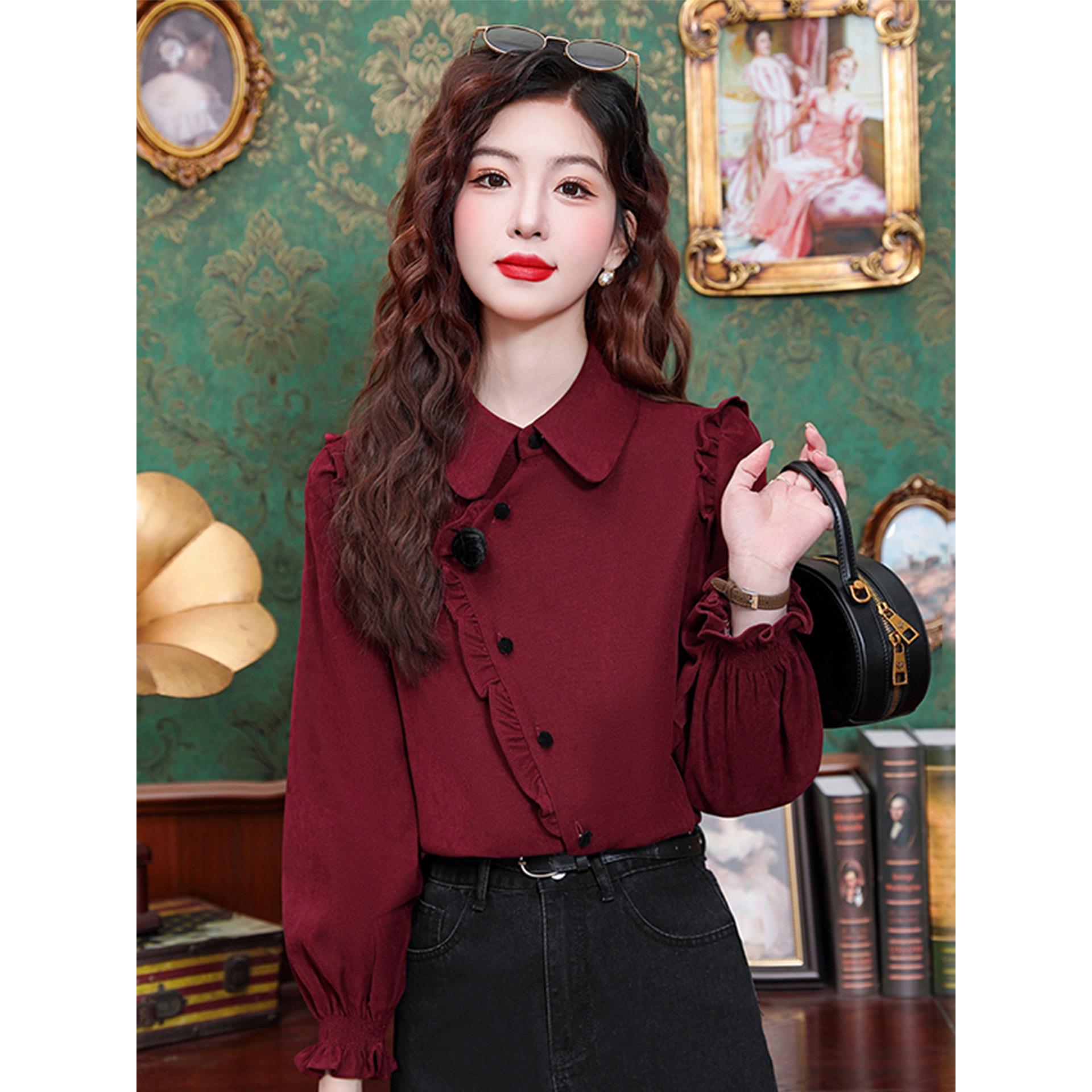 ROUMIKL法式高级感娃娃领长袖衬衫女秋季2025新款木耳边显瘦气质