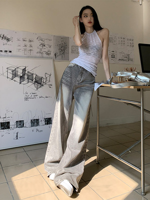 VMZM摩卡灰高腰宽松垂感牛仔裤女2025年春秋新款百搭波纹灰阔腿裤