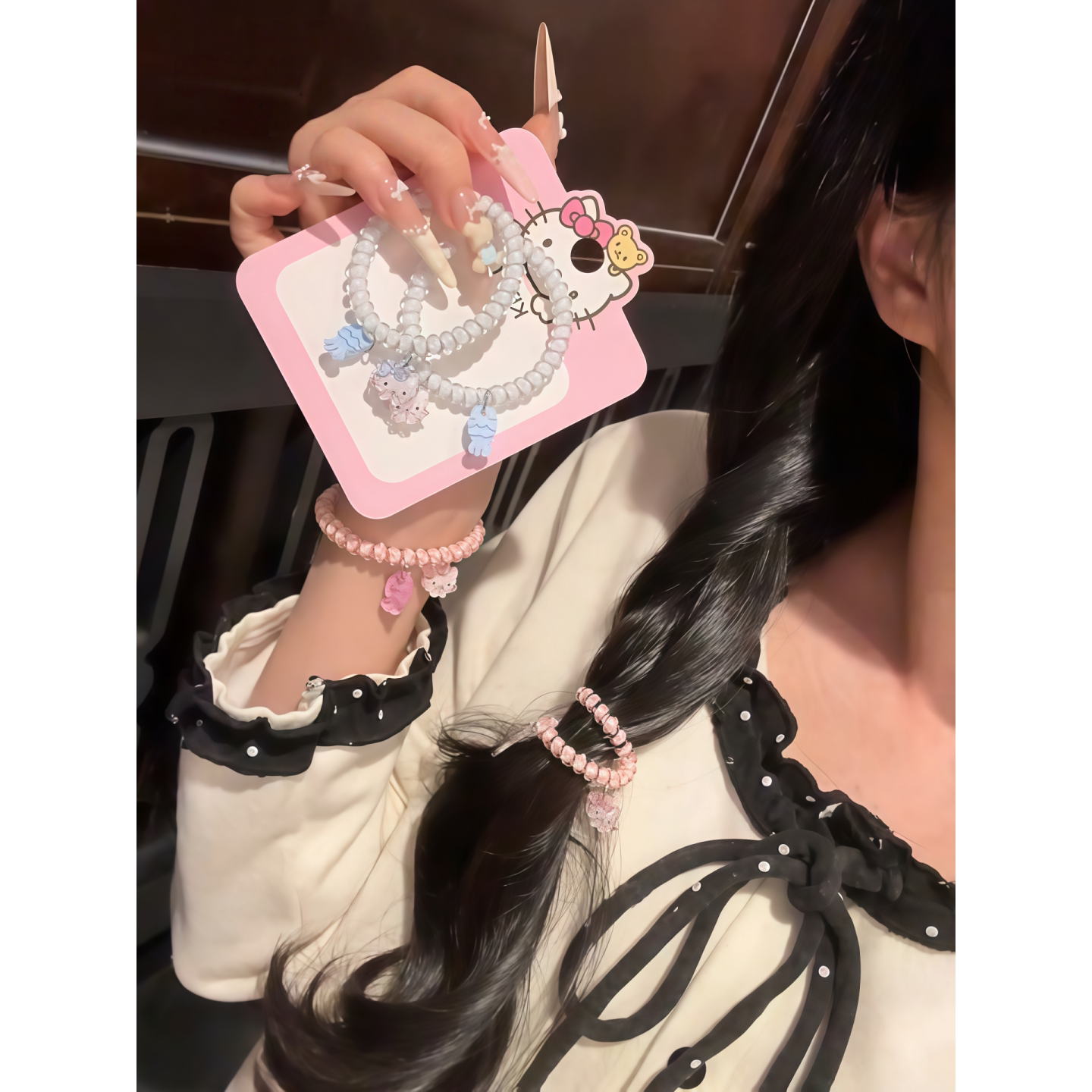 可爱猫吃鱼高弹力扎马尾电话线发圈女ins风小众简约情侣闺蜜手链