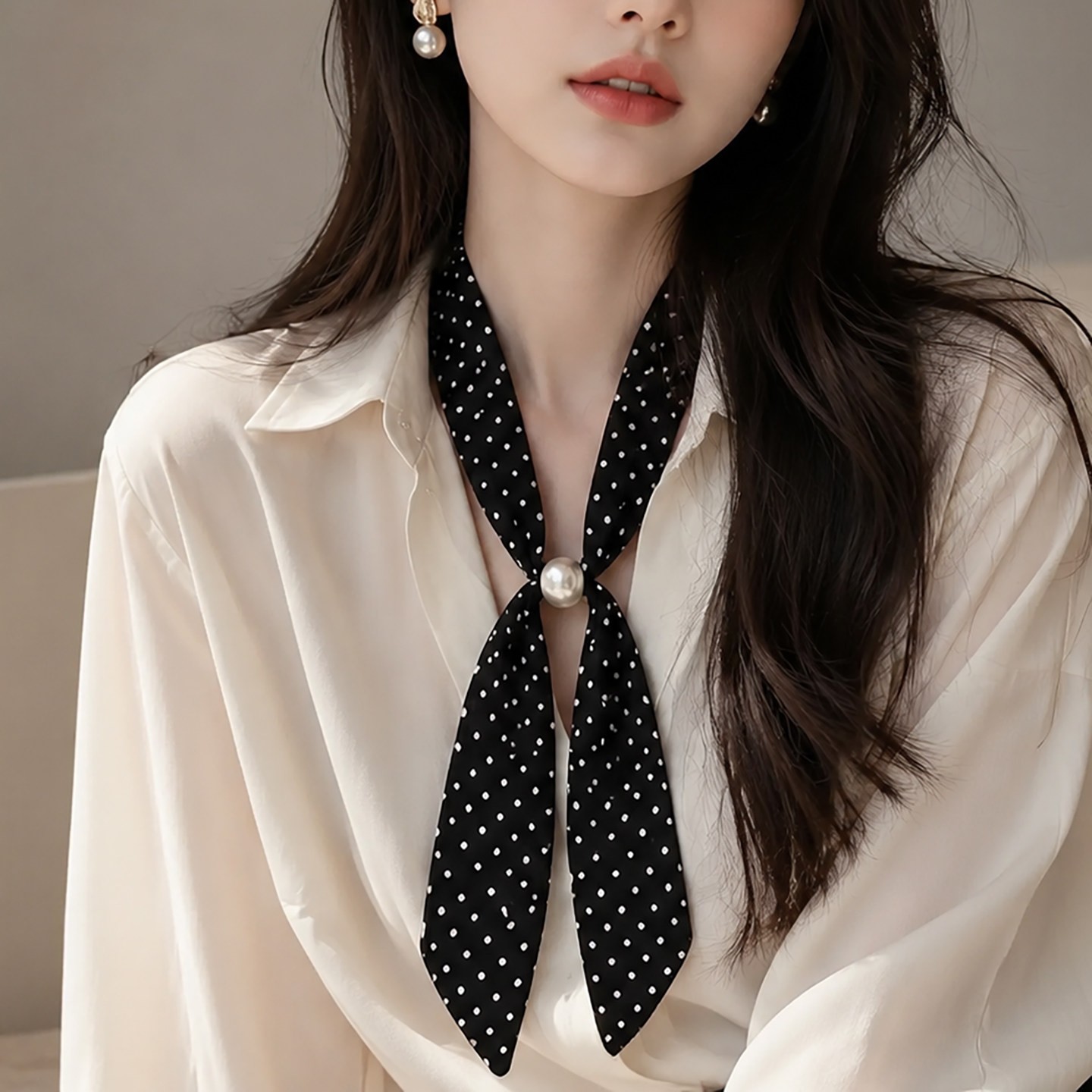 韩系复古波点珍珠系脖丝巾女高级感长条飘带串珠发带薄款领巾脖饰