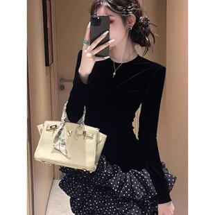 JOYIASS千金风黑色波点拼接花苞连衣裙秋冬新款小个子巨好看重要