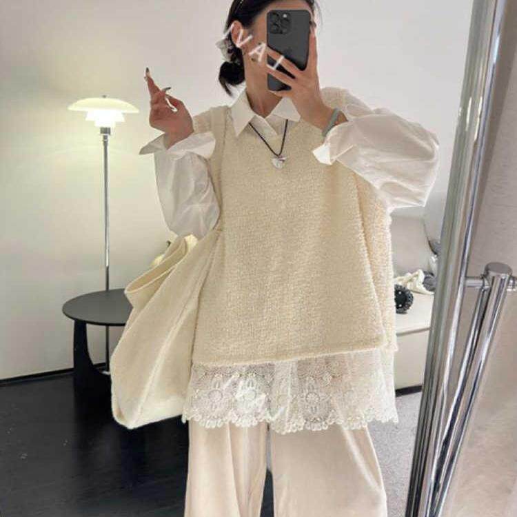 BLLOUKE宽松设计感拼接蕾丝镂空休闲长袖纯色衬衫春秋新款时尚简