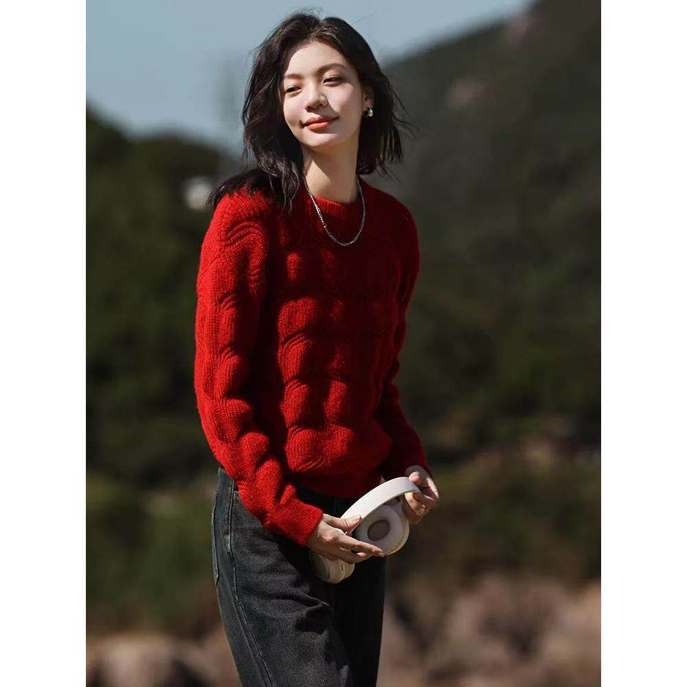 JOYIASS韩版时尚玫红色圆领菱纹针织衫长袖女新款早秋季简约舒适