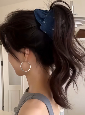 牛仔蓝色三角蝴蝶结抓夹女夏天后脑勺饱满盘发发夹鲨鱼夹子头饰