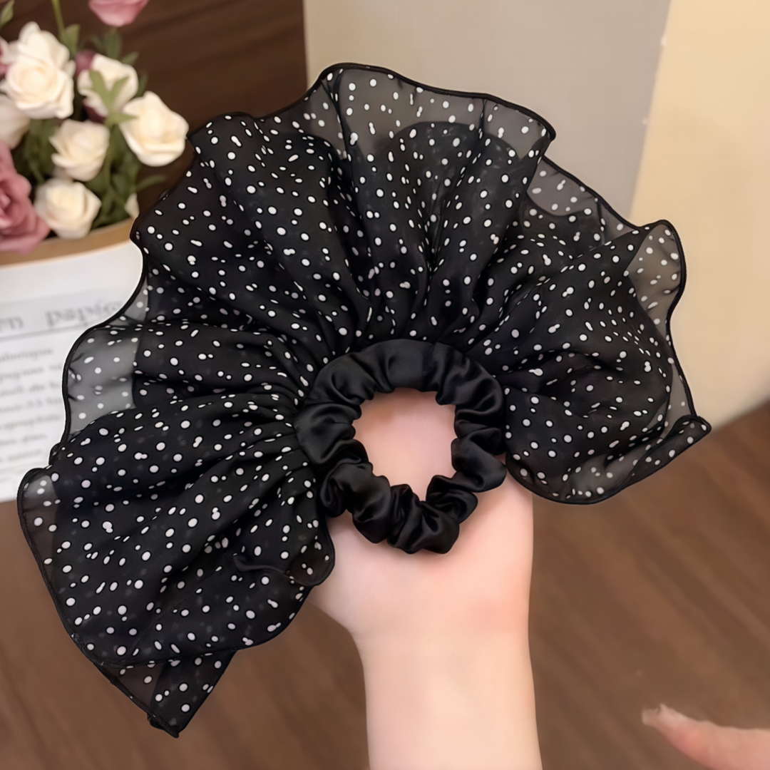 黑色荷叶边波点大肠发圈女头花2025新款皮筋丸子头头绳低马尾头饰