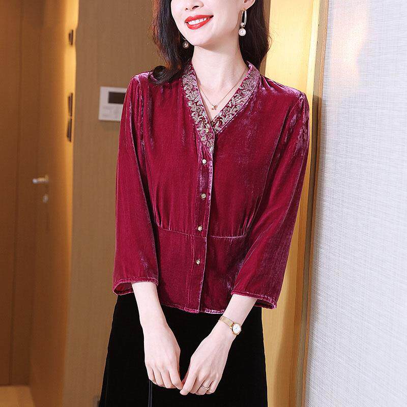 BLLOUKE丝绒女装七分袖小衫春秋季衬衫漂亮2024新款中年妈妈上衣