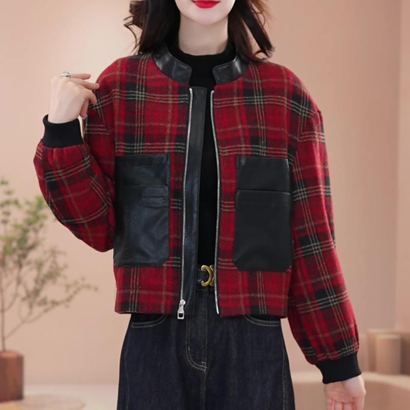 JOYIASS港版休闲夹克皮口袋减龄格纹短外套秋新款大码洋气旅游开