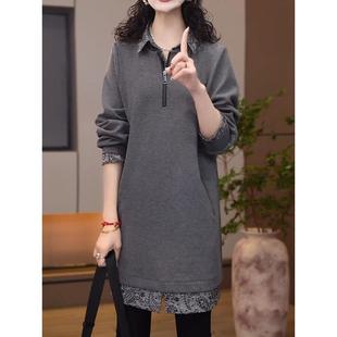 JOYIASS中长款卫衣女春秋内搭POLO领打底上衣大码宽松遮肉显瘦时