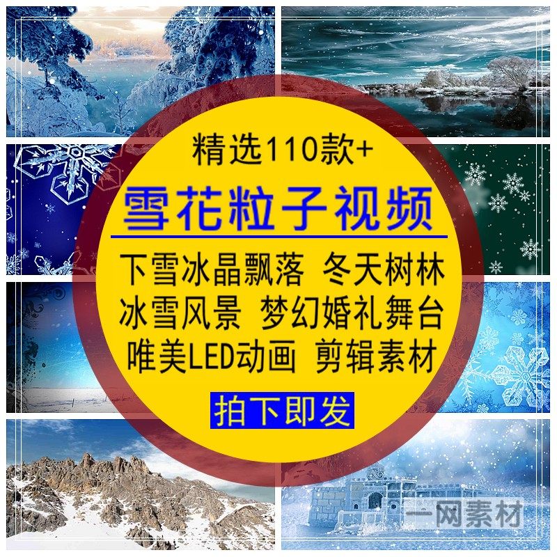 雪花粒子视频素材下雪冰晶飘落圣诞冬天树林冰雪风景色动态画背景