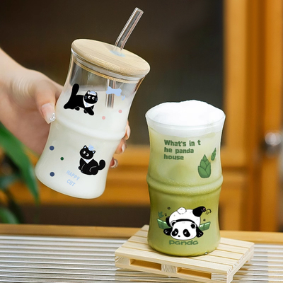 带盖水杯家用玻璃杯可爱吸管杯创意简约咖啡杯高硼硅耐热卡通杯子