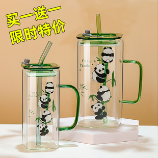 精致夏日熊猫饮品杯新款大容量印花玻璃杯高硼硅耐热水杯造型杯子