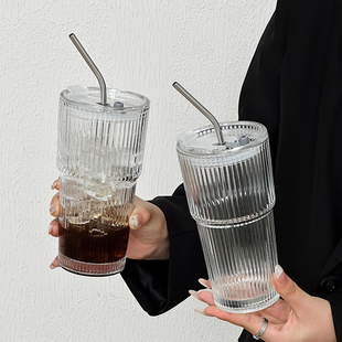 ins风家用大容量吸管杯带盖简约玻璃杯果汁咖啡杯双饮水杯冷饮杯