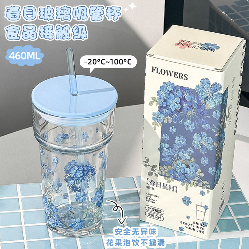 2026新款玻璃吸管杯高颜值带盖果汁杯牛奶杯家用大容量便携喝水杯