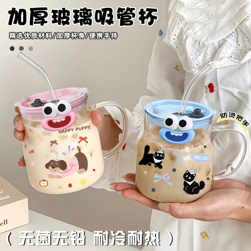 玻璃杯果汁杯子家用带把酸奶杯牛奶杯耐热咖啡杯带盖杯子卡通水杯