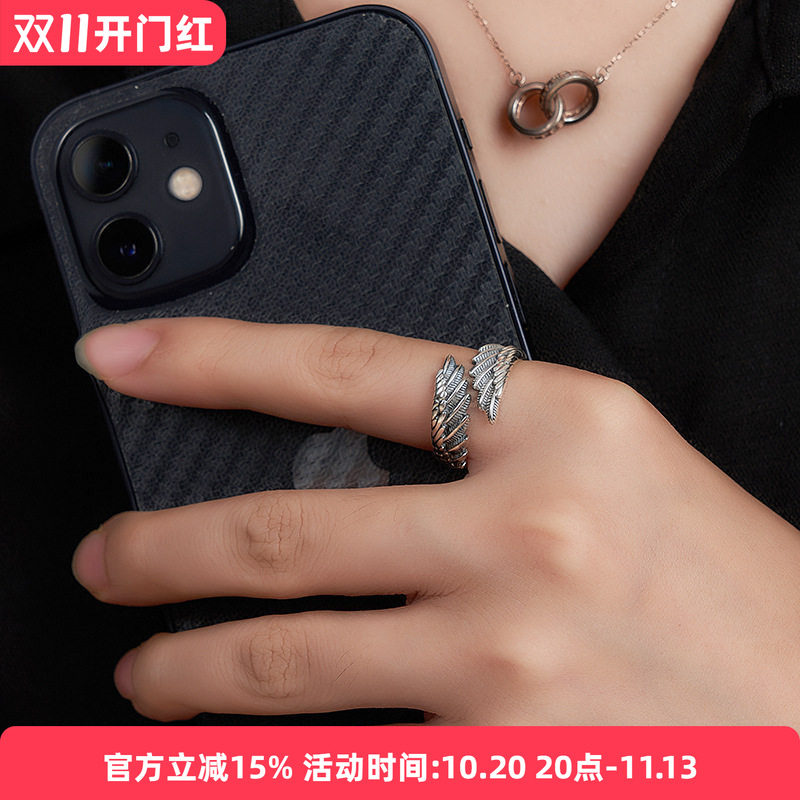 GW复古做旧泰银饰品羽毛天使翅膀开口戒指个性男女情侣对戒