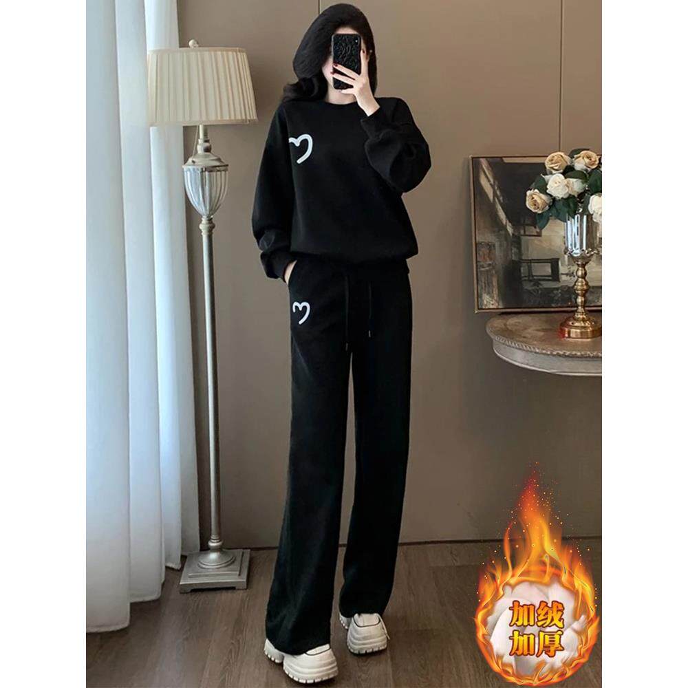 JOYIASS时尚宽松显瘦卫衣阔腿裤两件套女士2025秋冬新款加绒加厚