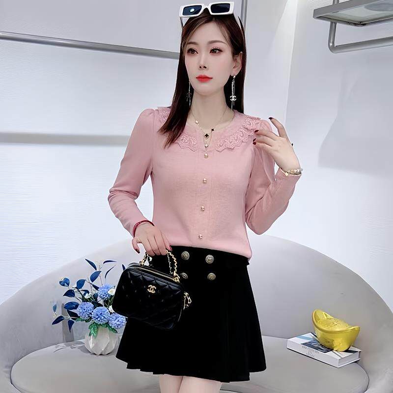 JOYIASS高级感时尚V领花边长袖T恤女2025秋冬新款小个子修身显瘦