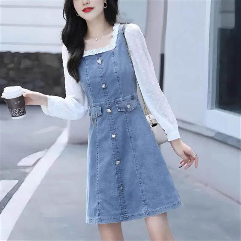 拼接牛仔连衣裙女2025春季新款法式仙女裙收腰洋气假两件套打底裙