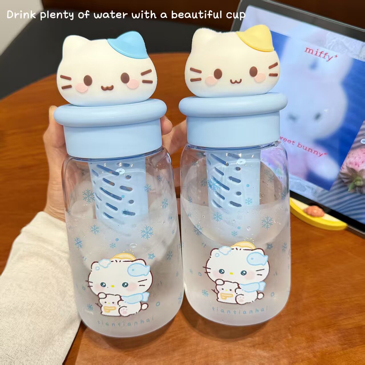 软萌小猫塑料水杯 ins 风少吸管杯