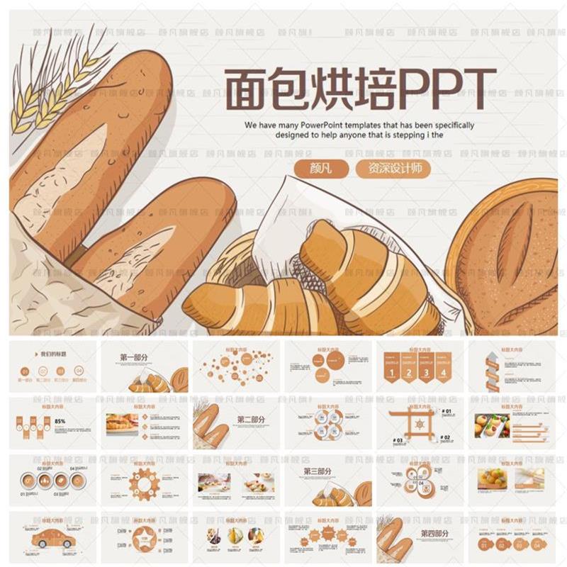 手绘卡通风格蛋糕甜品店面包ppt动态模板面食店披萨面包店ppt课件