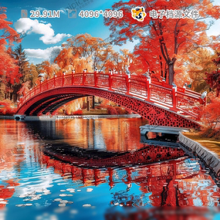红色 小桥玉带秋天拱唯美枫林栈道流水河边树景观PNG模板素材