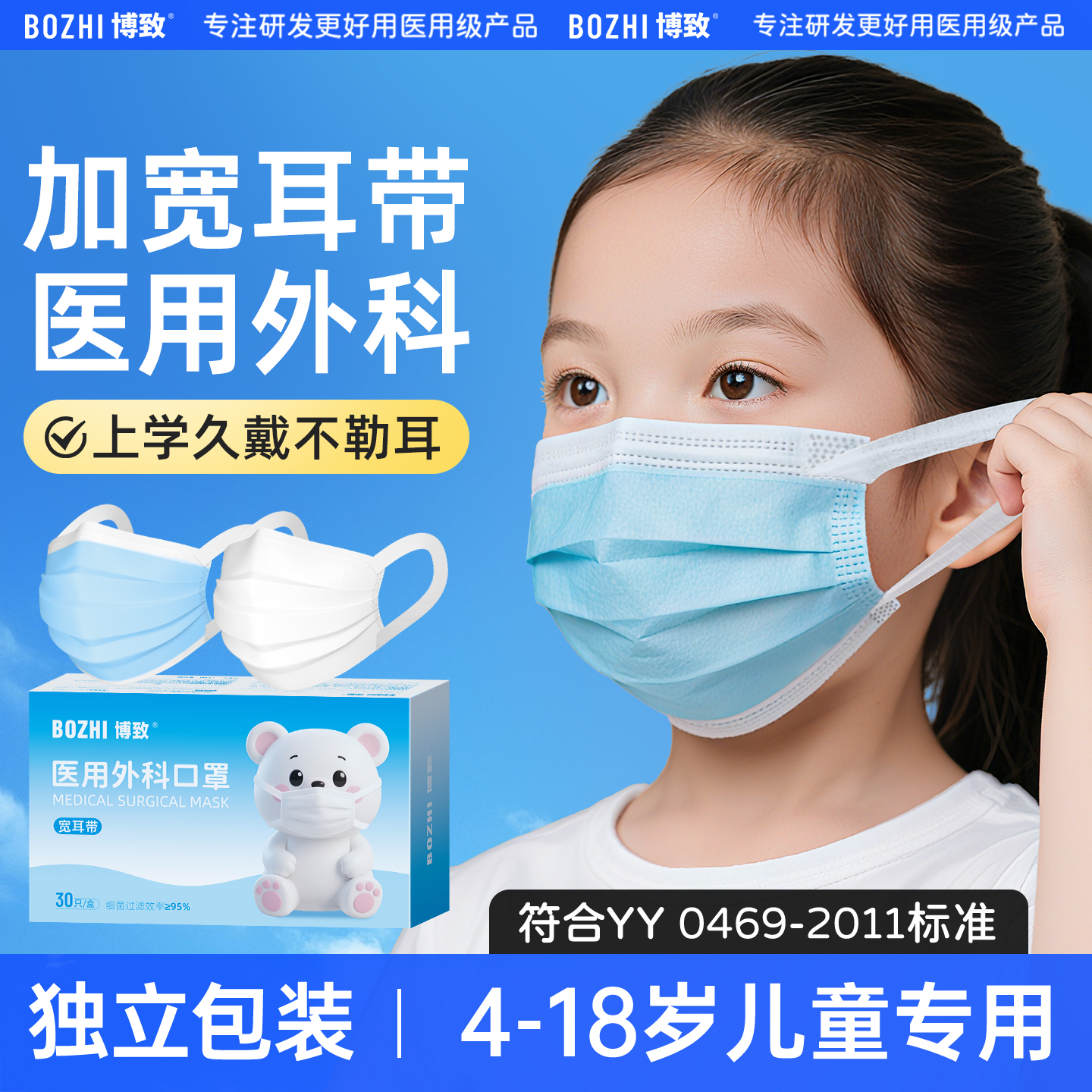 儿童宽耳带医用外科口罩不勒耳朵