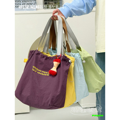 叽哩呱啦韩版休闲字母印花帆布包大容量抽绳束口单肩托特包手提袋