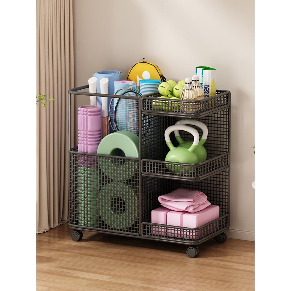 瑜伽垫收纳筐家用健身运动器材收纳架带轮多功能篮球羽毛球置物架