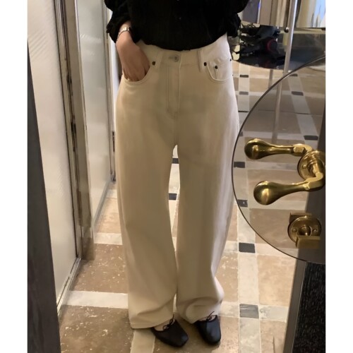 韩代objet纯色高腰阔腿牛仔裤女
