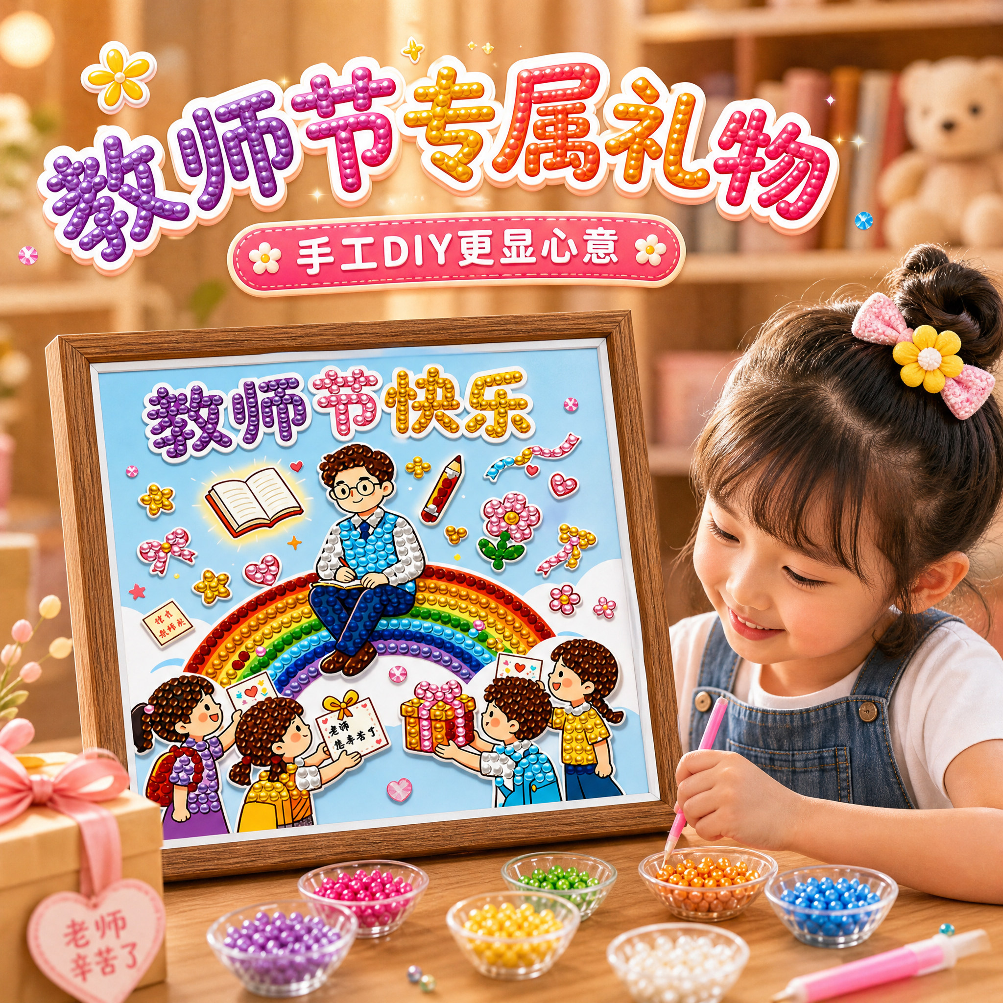 教师节手工diy礼物送女老师2026新款幼儿园学生自制钻石贴画贺卡