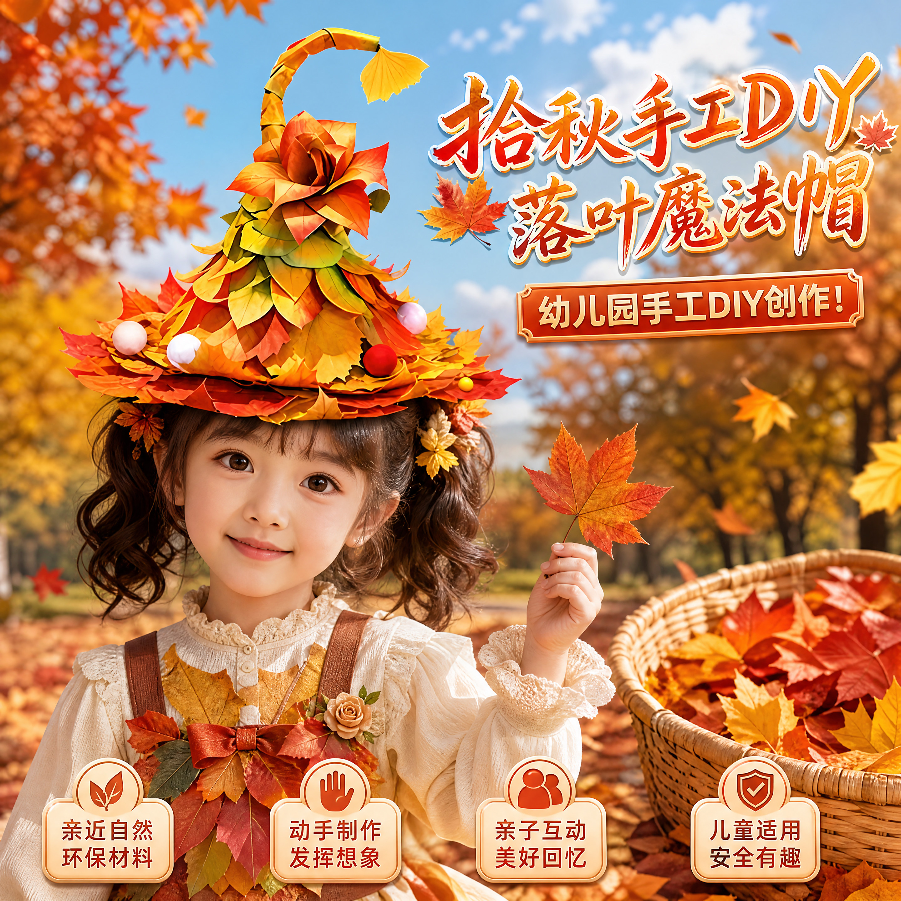 秋天创意落叶帽儿童环创手工拼贴玩具魔法帽仿真植物落叶全套材料