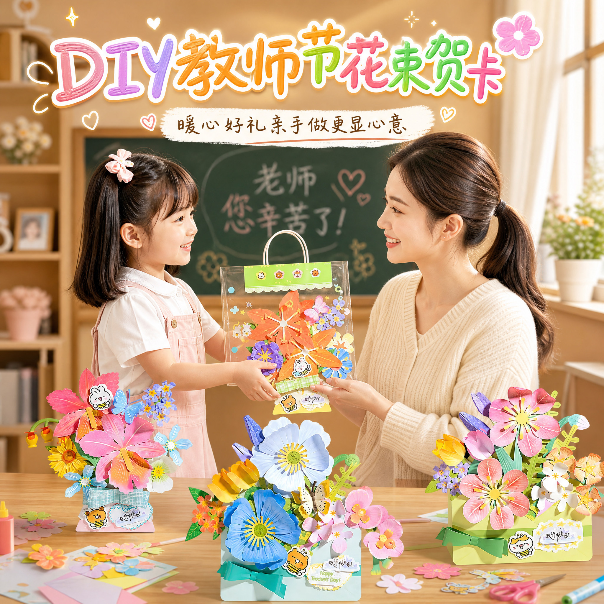 教师节手工diy花束贺卡送女老师的礼物小学生创意3D立体花朵材料