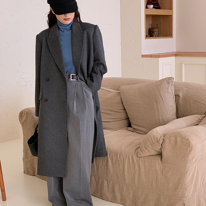 巴黎街头单面呢款戗驳领羊毛大衣老钱风双排扣长款 017
