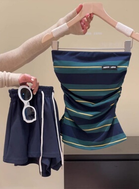 南油系列清货！韩系复古纯欲风撞色条纹抹胸女夏季新款宽松短裤裙
