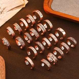 欧美热卖红铜磁铁复古时尚戒指高级感雕刻花纹图腾开口指环