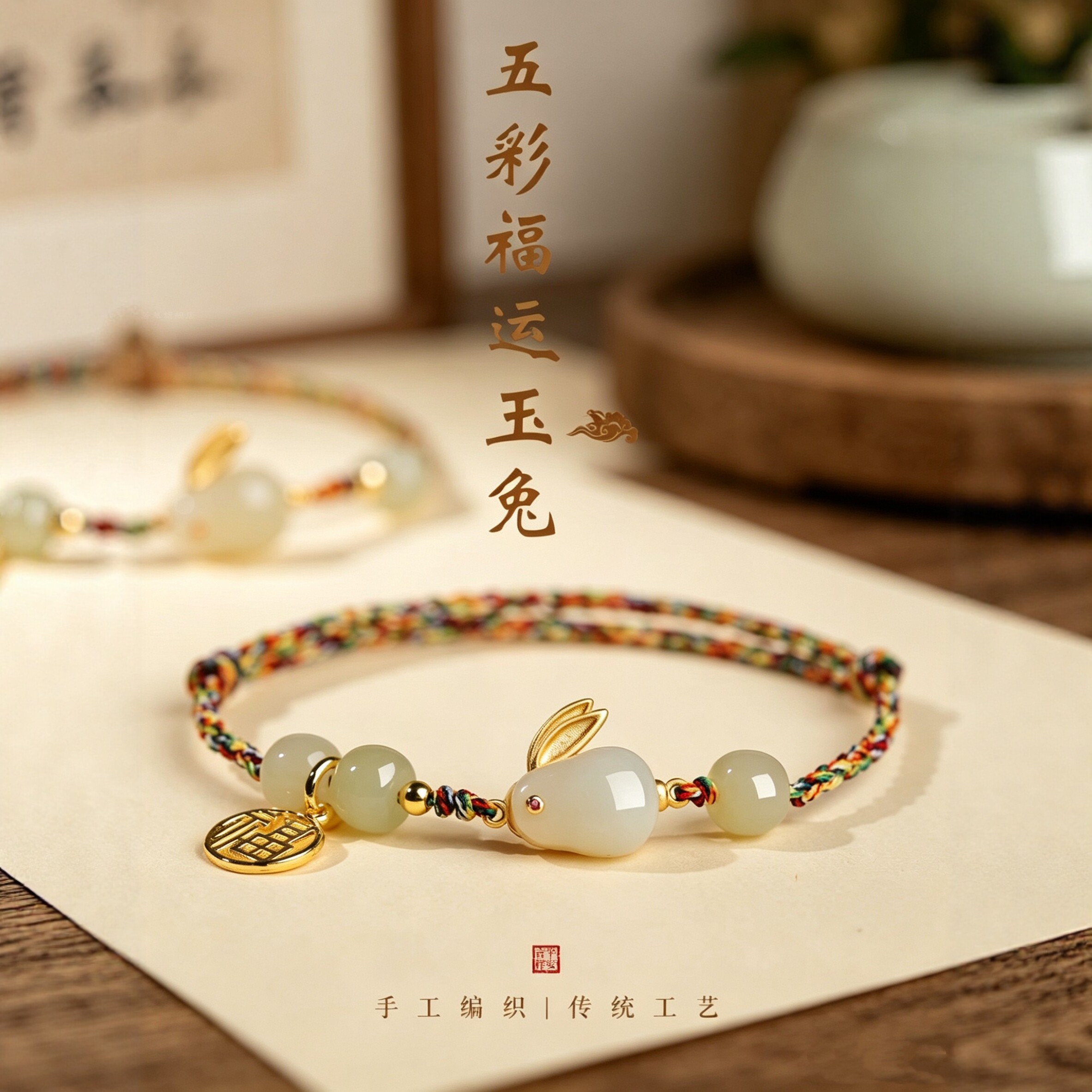 好运兔子端午五彩红绳手链脚链