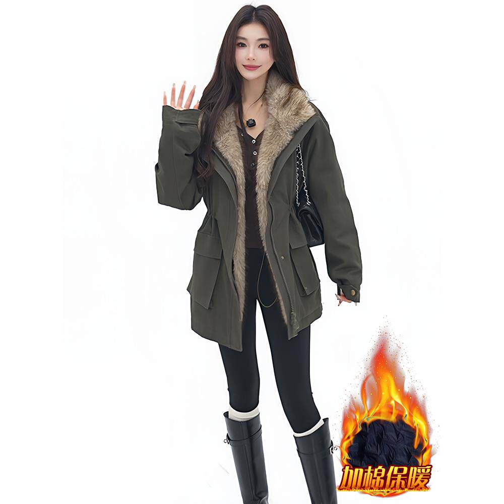 JOYIASS中长款派克服女款2025新款秋冬季加绒衣加厚保暖袄开衫外