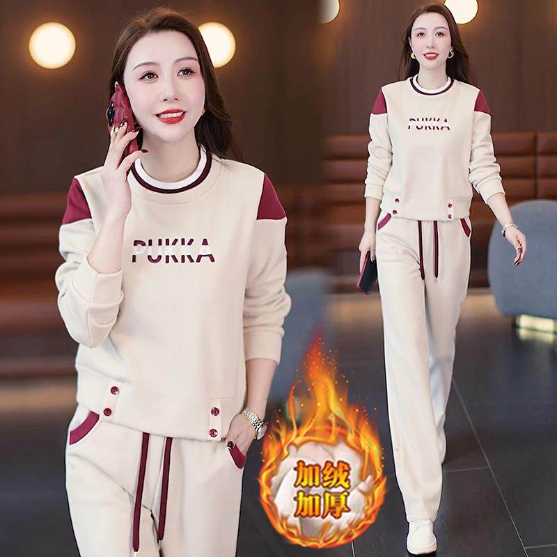 JOYIASS休闲运动服套装女2025秋冬季新款加绒加厚卫衣阔腿裤两件