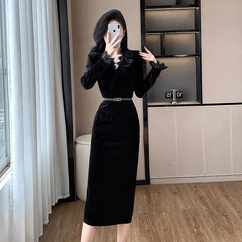BLLOUKE长袖高端精致职业连衣裙女秋冬气质名媛西装V领金丝绒拼接