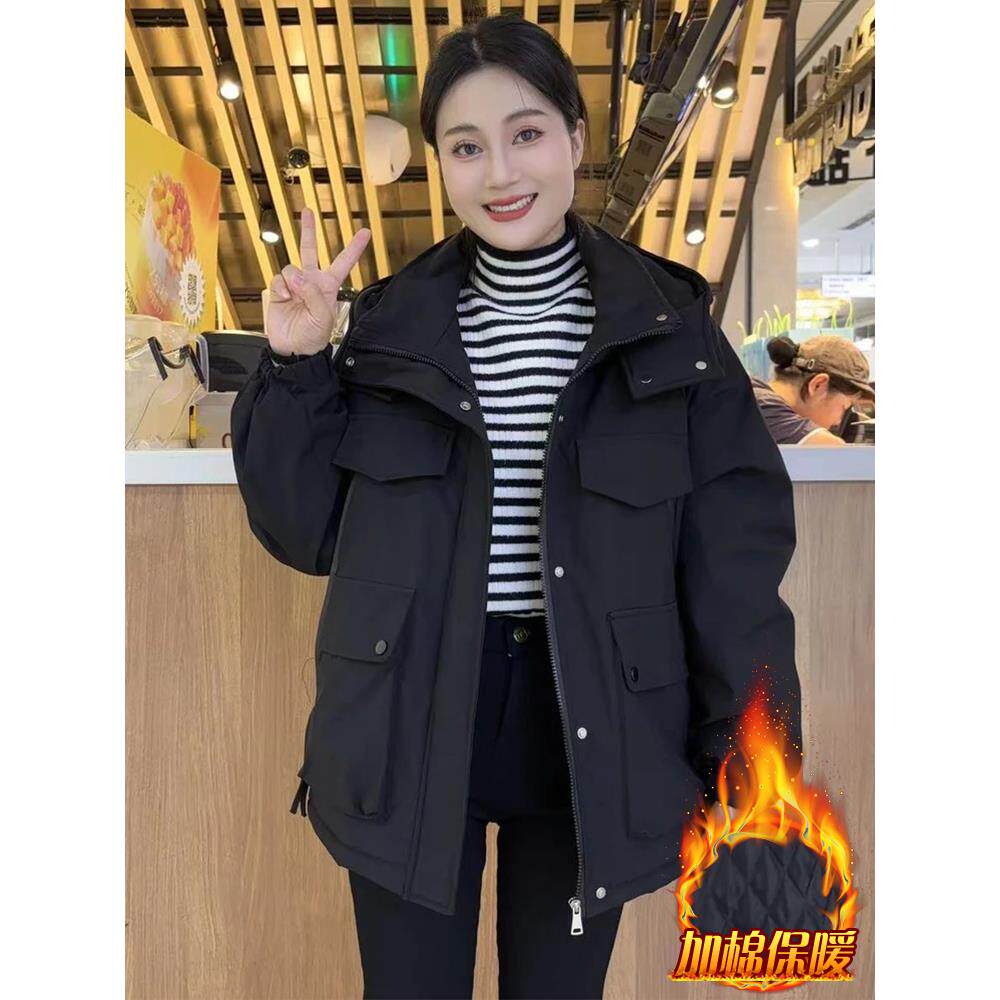 JOYIASS工装口袋冲锋衣短外套女2025秋季新款百搭修身时尚连帽上