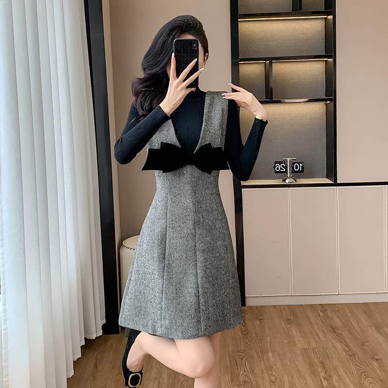 BLLOUKE蝴蝶结毛呢背心裙打底毛衣两件套女秋冬小香风韩系千金穿