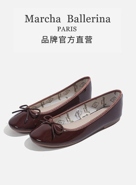 marcha夏季新品圆头浅口单鞋芭蕾舞鞋真皮棕色镜面小香风软底平底