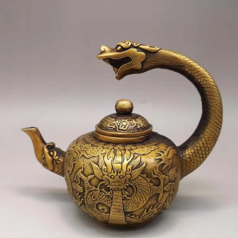 仿古做旧 纯铜鎏金精工龙头壶古玩 高把壶龙吐水复古铜器工艺品