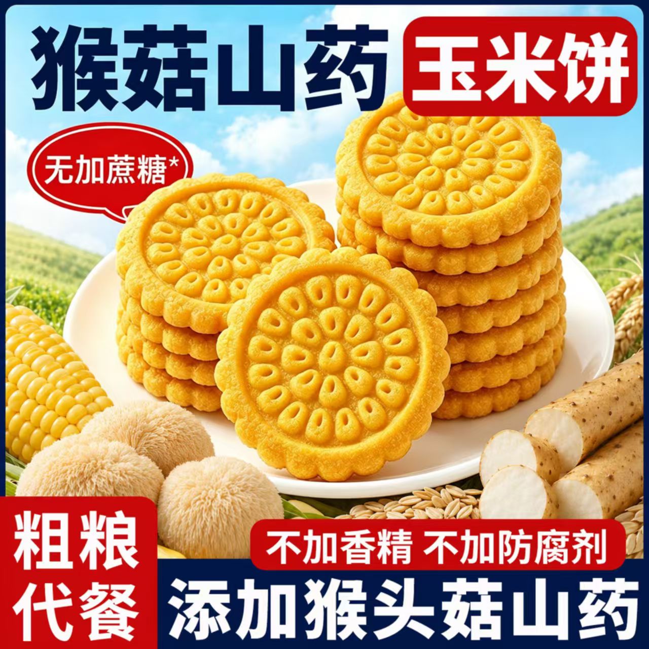 涌旺猴头菇山药玉米饼独立包装无蔗糖粗粮代餐五谷杂粮饼干零食品