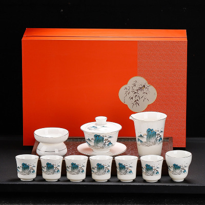 高档德化白瓷茶具套装简约家用陶瓷功夫茶具盖碗茶杯整套礼品茶具
