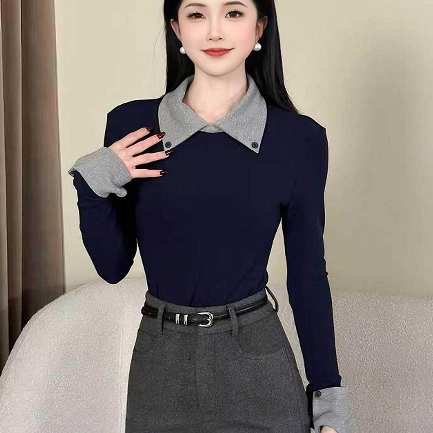 JOYIASS撞色polo领加绒内搭长袖t恤女2025新款秋冬季打底衫修身显
