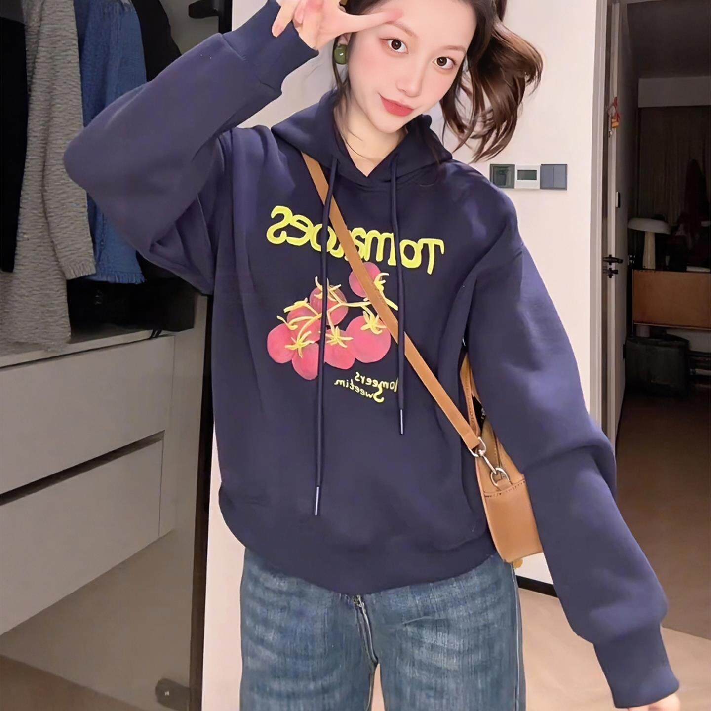 JOYIASS番茄印花连帽长袖加绒卫衣女款加厚2025新款秋冬季宽松慵